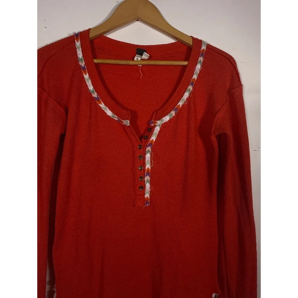 Free People We The Free Orange Red Thermal Henley Embroidered Trim Top XS